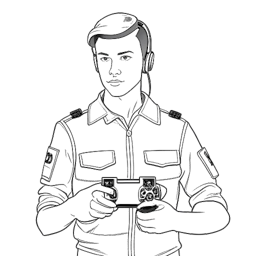 Desenho em arte linear de um homem, representando Duke Dennis, segurando um controle de jogo em uma mão, com um uniforme militar ao fundo, em um fundo branco