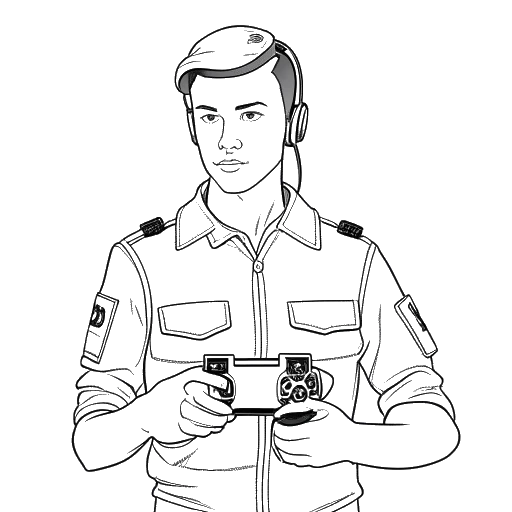 Desenho em arte linear de um homem, representando Duke Dennis, segurando um controle de jogo em uma mão, com um uniforme militar ao fundo, em um fundo branco