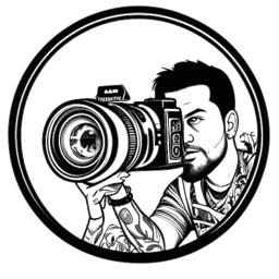 Line art drawing of a man, representing Duke Dennis, with tattoos, peering into a camera lens that reflects a woman, three Jeeps and religious symbols against a white backdrop