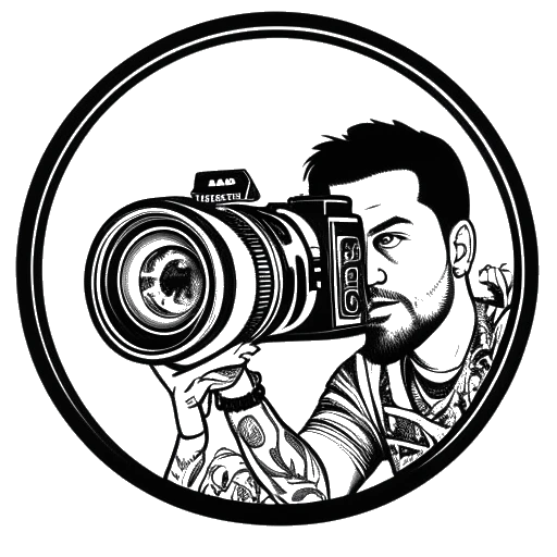 Line art drawing of a man, representing Duke Dennis, with tattoos, peering into a camera lens that reflects a woman, three Jeeps and religious symbols against a white backdrop