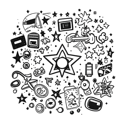 Line art drawing representing Duke Dennis's rise to stardom, depicted as a shining star encircled with sketches of gaming, clothing, and social media, on a white background