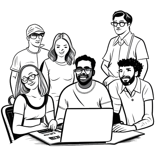 Desenho de arte linear de um grupo de criadores de conteúdo, representando Duke Dennis e AMP, trabalhando juntos