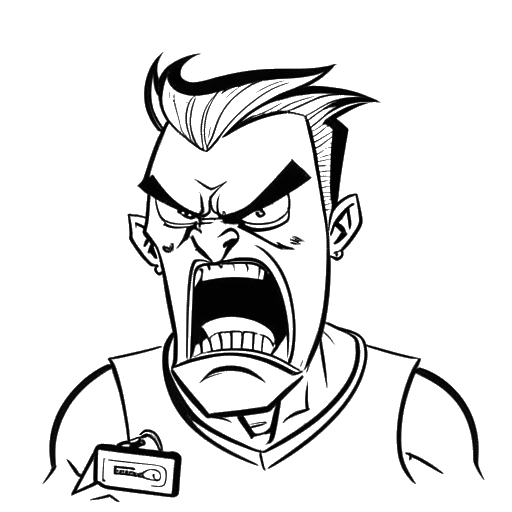 Desenho de arte linear de um jogador irritado, representando Duke Dennis, falando mal