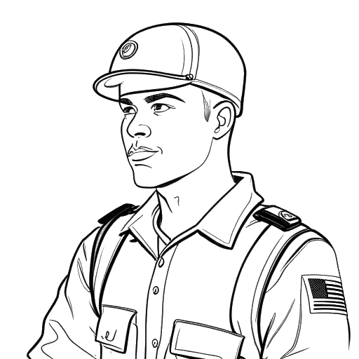 Line art drawing of a soldier, representing Duke Dennis, transitioning into a YouTube content creator