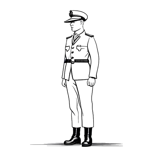 Desenho de arte linear de um soldado, representando Duke Dennis, em posição de sentido