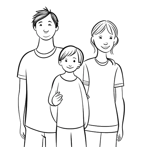 Line art drawing of a family representing Duke Dennis, consisting of a single mother and two brothers