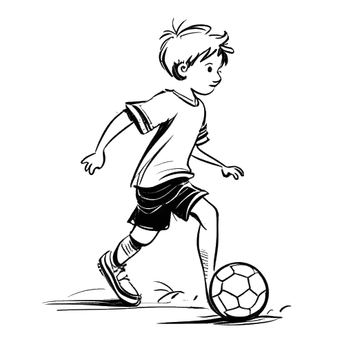 Desenho de arte linear de um menino jovem, representando Duke Dennis, jogando futebol com determinação