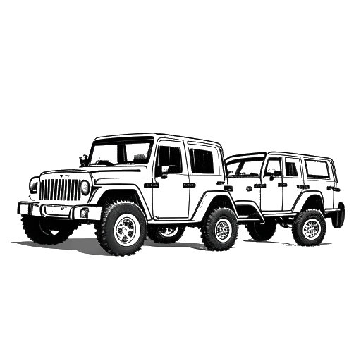 Desenho de arte linear de três Jeep Wranglers, representando a coleção de Duke Dennis