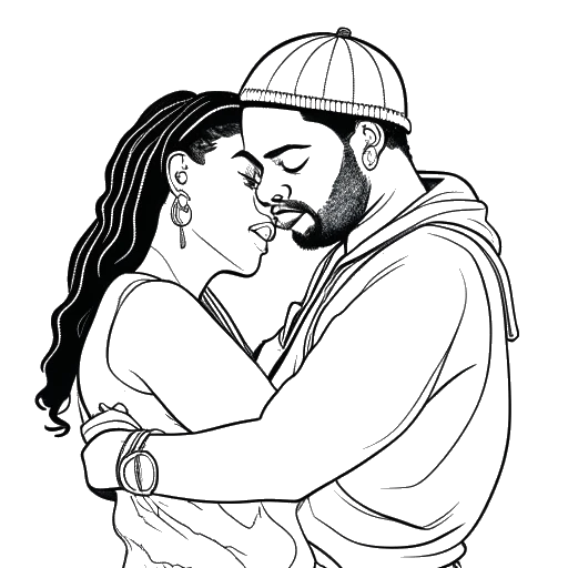 Strichzeichnung eines Paares, das Duke Dennis und Rapper Kali darstellt, die sich umarmen