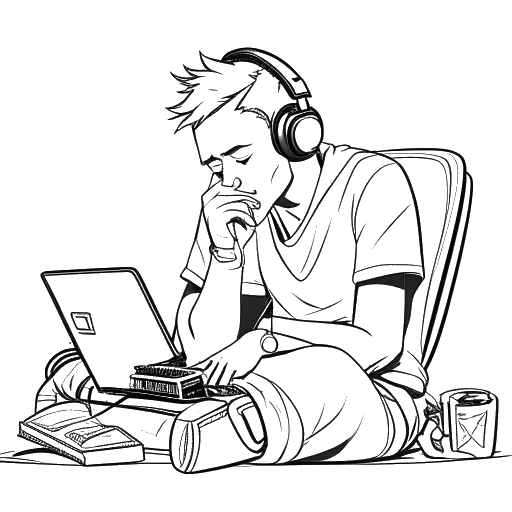 Line art drawing of a gamer, representing Duke Dennis, overcoming a setback