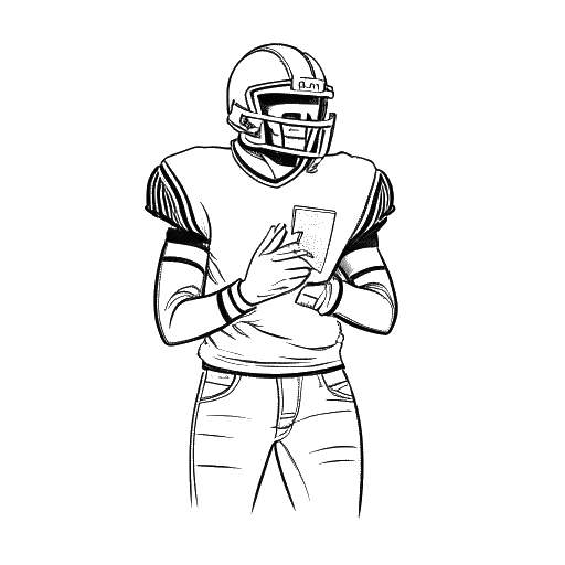 Desenho de arte linear de um jogador de futebol americano do ensino médio, representando Duke Dennis, segurando uma carta de bolsa de estudos