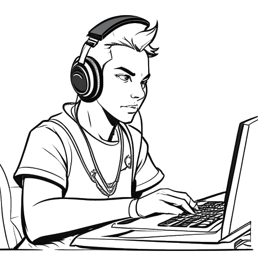 Line art drawing of a gamer, representing Duke Dennis, streaming on Twitch