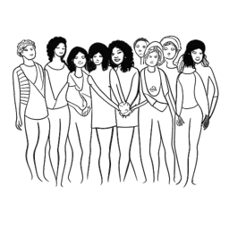 Line art drawing of a woman representing Amber Rose holding hands with people of diverse genders and sexual orientations.