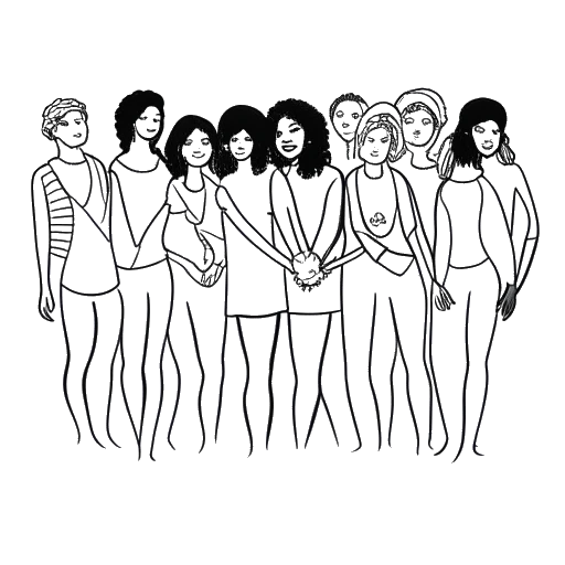 Line art drawing of a woman representing Amber Rose holding hands with people of diverse genders and sexual orientations.