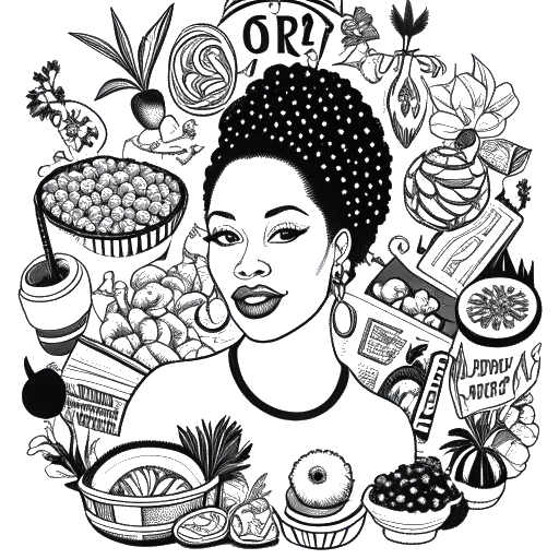 Line art drawing of a woman representing Amber Rose surrounded by a microphone, music notes, a book, a TV show logo, an event banner, and a plate filled with vegetables.