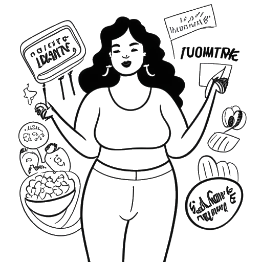 Desenho line art de uma mulher, representando Amber Rose, segurando um cartaz com vários símbolos representando a positividade corporal e os direitos LGBTQ+.