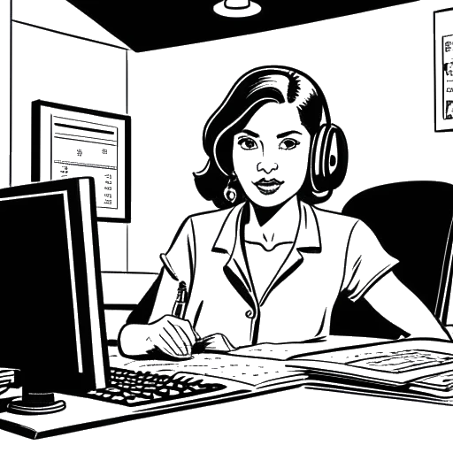 Desenho line art de uma mulher, representando Amber Rose, sentada em uma bancada de notícias com um logo da E! e um microfone.