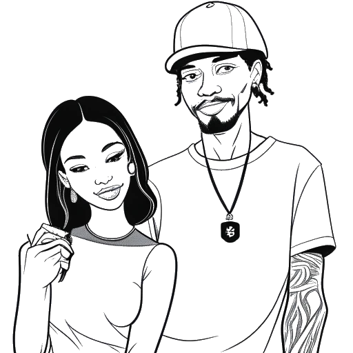 Line art drawing of a woman, representing Amber Rose, holding a single cover, with a man in the background representing Wiz Khalifa.