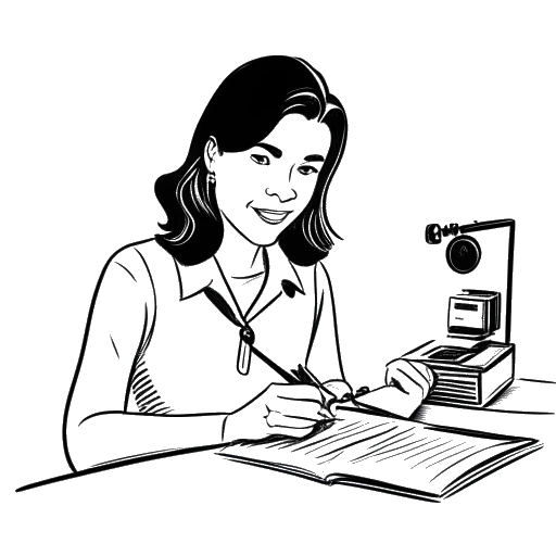 Disegno in bianco e nero di una donna, che rappresenta Amber Rose, che firma un contratto con un distintivo da modella e una videocamera.