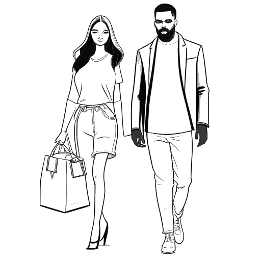 Line art drawing of a woman, representing Amber Rose, holding a Louis Vuitton bag, with a man in the background representing Kanye West.