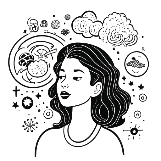 Line art drawing of a woman, representing Amber Rose, with a thought bubble containing various symbols representing mental health.