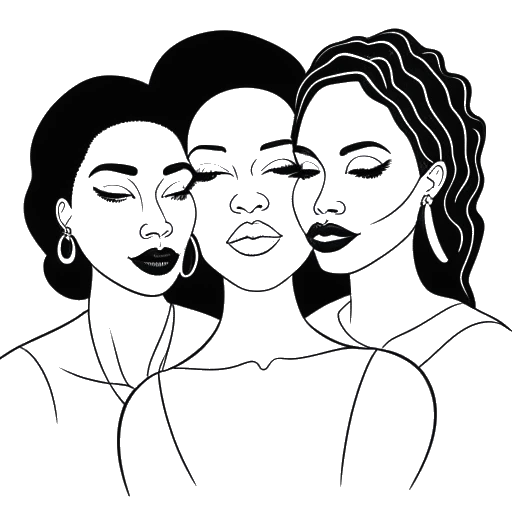Line art drawing of three women, representing Amber Rose and her past relationships with women.