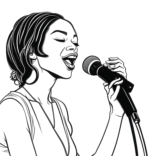 Line art drawing of a woman, representing Amber Rose, holding a microphone, with a man in the background representing Wiz Khalifa.