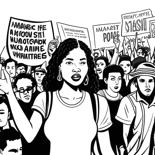 Desenho line art de uma mulher, representando Amber Rose, segurando um cartaz de protesto, com uma multidão marchando ao fundo.