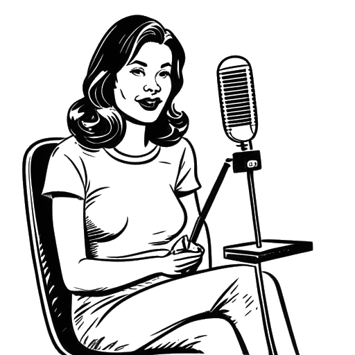 Desenho line art de uma mulher, representando Amber Rose, sentada em um cenário com um logo de programa de entrevistas e um microfone.