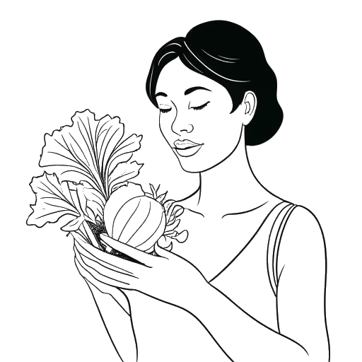 Lijntekening van een vrouw, die Amber Rose vertegenwoordigt, die een groente vasthoudt met een achtergrond van bladgroen, wat een plantaardig dieet symboliseert.