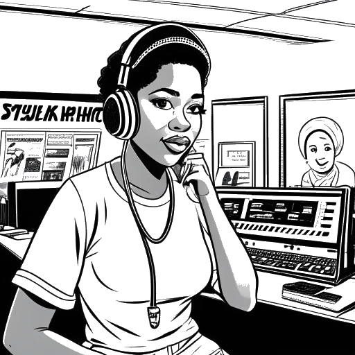 Line art drawing of a woman, representing Amber Rose, posing in front of a recording studio with a microphone and a 'Young Jeezy's Put On' sign.