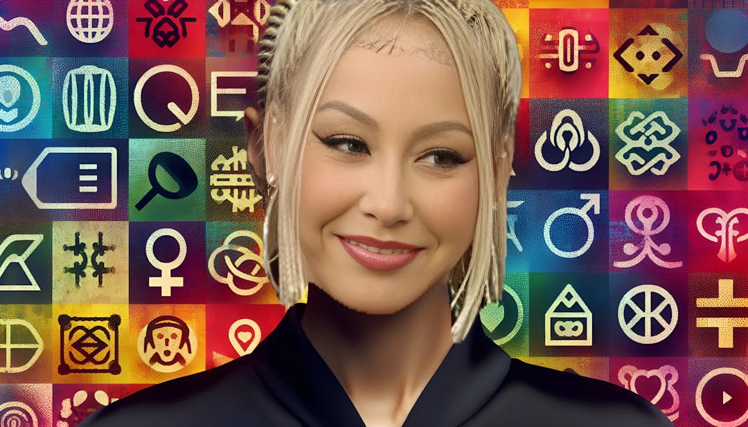 Amber Rose, a confident and stylish woman with fair skin and blonde cornrows, looking directly into the camera. She is wearing a sleek black outfit and has a tattoo on her forehead. The vibrant and bold background represents her diverse heritage and notable achievements in modeling, music, and advocacy for women's rights.