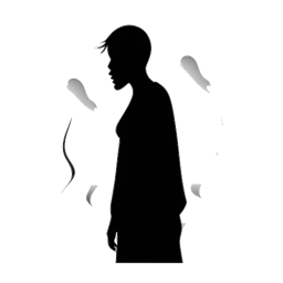 Disegno in bianco e nero di una figura silhouette circondata da punti interrogativi, con un avatar luminoso che rappresenta la presenza digitale.
