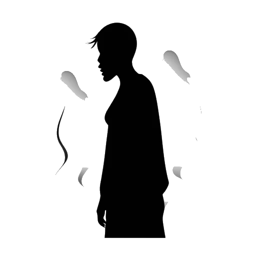 Line art drawing of a silhouette figure surrounded by question marks, with a glowing avatar representing digital presence.