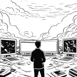 Lijntekening van een figuur omringd door digitale schermen die diverse meningen tonen, navigerend door stormachtige uitdagingen.