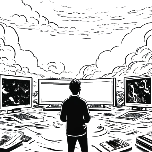 Line art drawing of a figure surrounded by digital screens showcasing diverse opinions, navigating stormy waters of challenges.