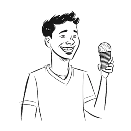 Strichzeichnung eines Mannes, der Mister Metokur darstellt, mit einem subtilen Lächeln, während er ein Mikrofon hält und mit einem vielfältigen Online-Publikum interagiert.