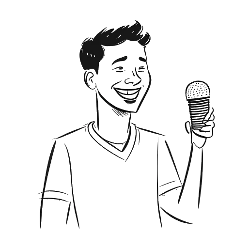 Dibujo de arte lineal de un hombre, representando a Mister Metokur, con una sonrisa sutil mientras sostiene un micrófono, interactuando con una diversa audiencia en línea.