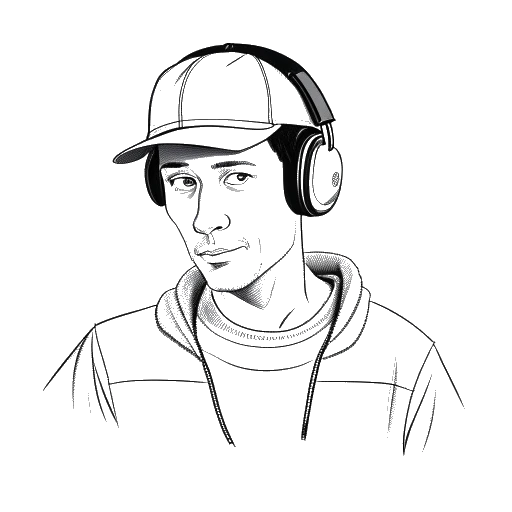 Desenho de linha de um homem representando Mister Metokur, usando um boné preto e fones de ouvido, segurando uma folha de papel preenchida com seus vários pseudônimos