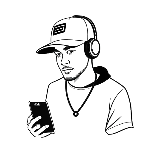 Line art drawing of a man representing Mister Metokur, wearing a black cap and earphones, holding a smartphone with the logos for Bitchute and DLive