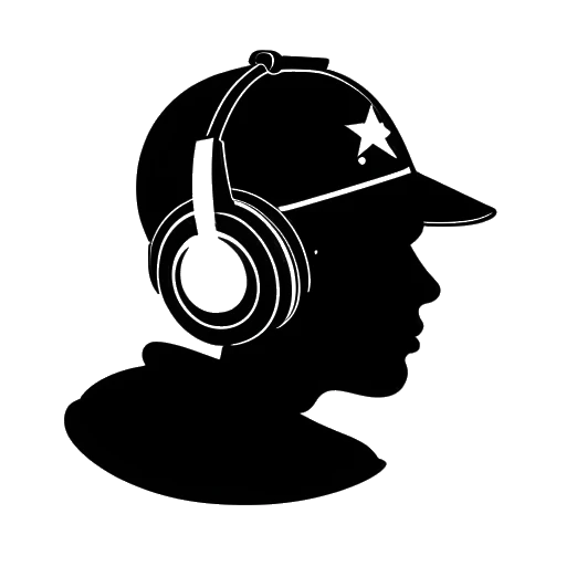 Dibujo de arte lineal de la silueta de un hombre representando a Mister Metokur, llevando una gorra negra con un símbolo de 'cuatro estrellas de cinco' y auriculares
