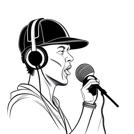 Disegno in stile line art di un uomo che rappresenta Mister Metokur, indossa una berretta nera e auricolari, parla in un microfono con onde sonore che si irradiamo da esso