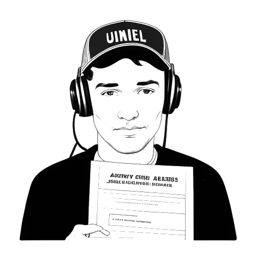 Line art drawing of a man representing Mister Metokur, wearing a black cap with earphones, holding a birth certificate with the name 'James Augustine' and the year '1981'