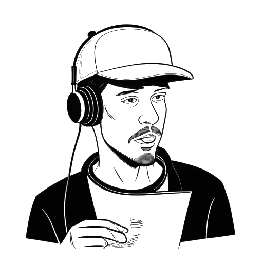 Desenho de linha de um homem representando Mister Metokur, usando um boné preto e fones de ouvido, falando em um microfone enquanto segura um documento intitulado 'Censura e Violações de Anonimato'