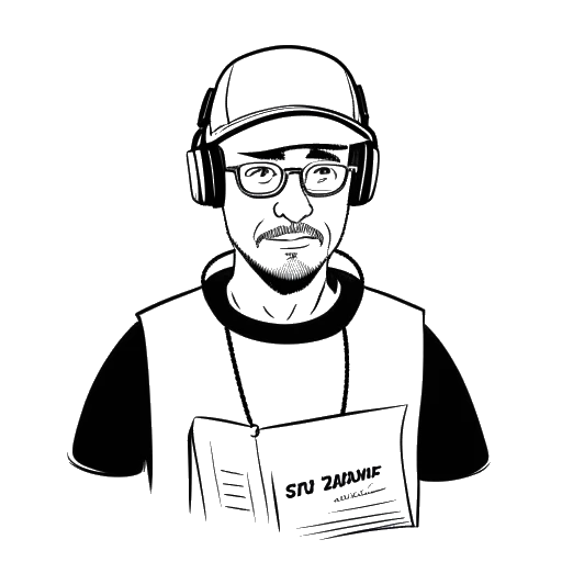 Dibujo de arte lineal de un hombre representando a Mister Metokur, llevando una gorra negra y auriculares, sosteniendo un informe médico titulado 'Linfoma Indolente en Etapa III'