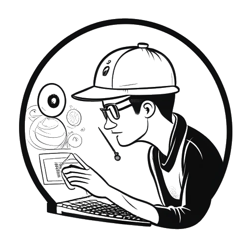 Dibujo de arte lineal de un hombre representando a Mister Metokur, llevando una gorra negra y auriculares, sosteniendo una lupa sobre una pantalla de computadora llena de comportamientos desagradables en internet
