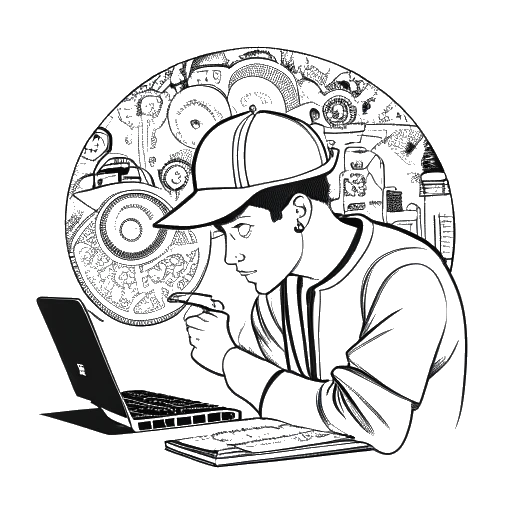 Line art drawing of a man representing Mister Metokur, wearing a black cap and earphones, holding a magnifying glass over a computer screen filled with peculiar ideas and fetish communities