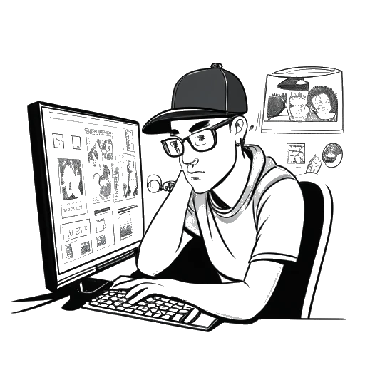 Disegno in stile line art di un uomo che rappresenta Mister Metokur, indossa una berretta nera e auricolari, tiene in mano una lente d'ingrandimento su uno schermo del computer pieno di meme di internet