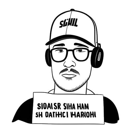 Line art drawing of a man representing Mister Metokur, wearing a black cap and earphones, holding a sign that says 'Stop Child Harm & Animal Abuse'