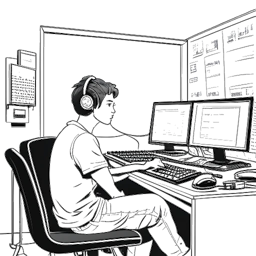 Desenho em arte linear de um jovem representando IShowSpeed, em um momento de oração ou reflexão pacífica, com equipamentos de streaming atrás dele e o brilho das luzes policiais do lado de fora, em um fundo branco.